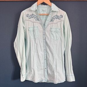 Rock Women's Light Blue Embroidered Button Down Shirt